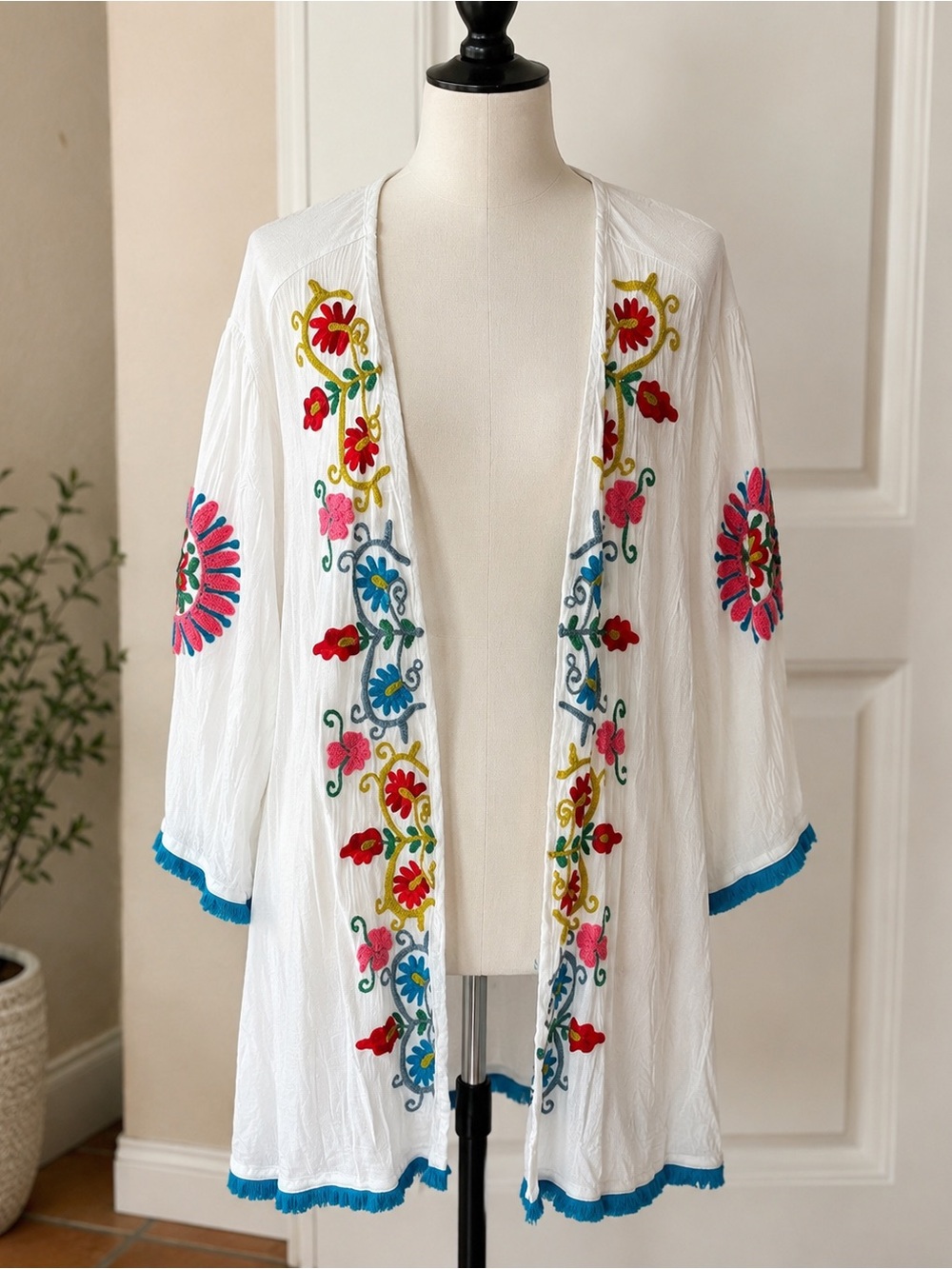 White Embroidered Floral Swim Cover-Up Kimono